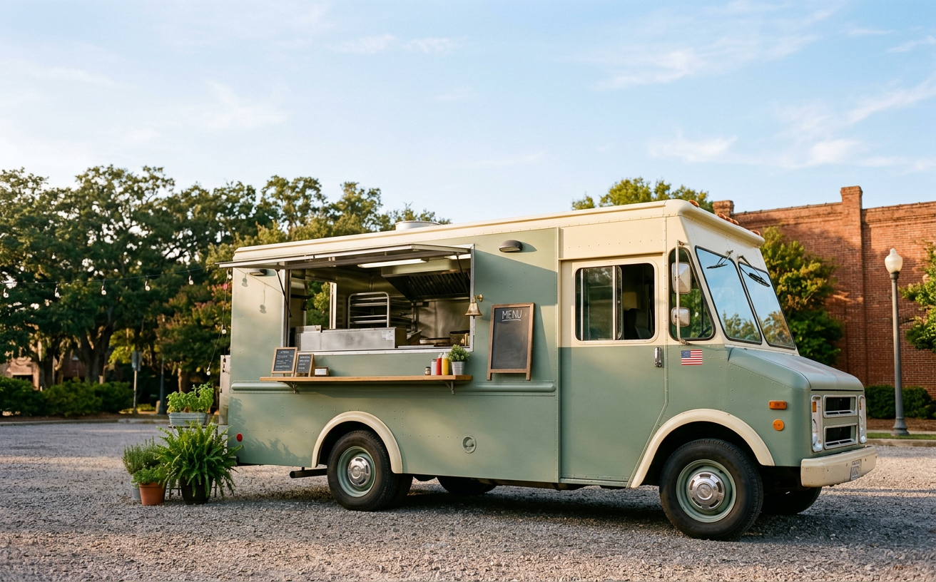 A sage-green mobile kitchen truck parked in warm afternoon light